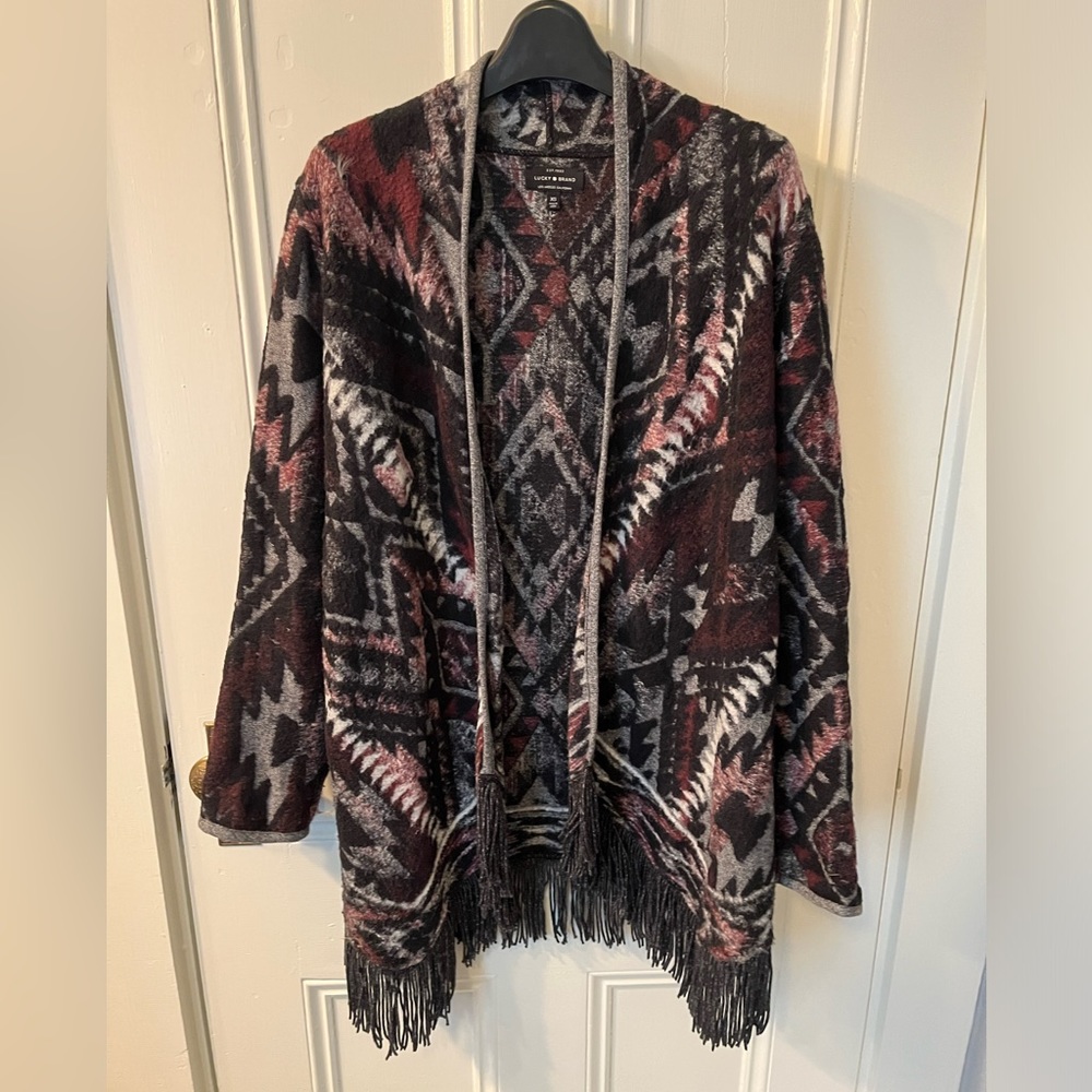 Lucky Brand Women’s Aztec Drape Fringe Cardigan Sweater XS Red/Black EUC